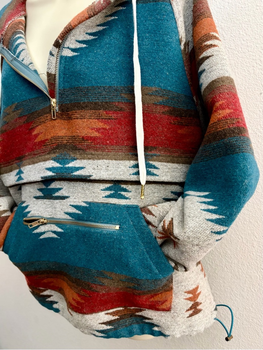 Mainstrip Aztec Southwestern Teal Half-Zip Hooded Sweater - Small - Picture 6 of 10